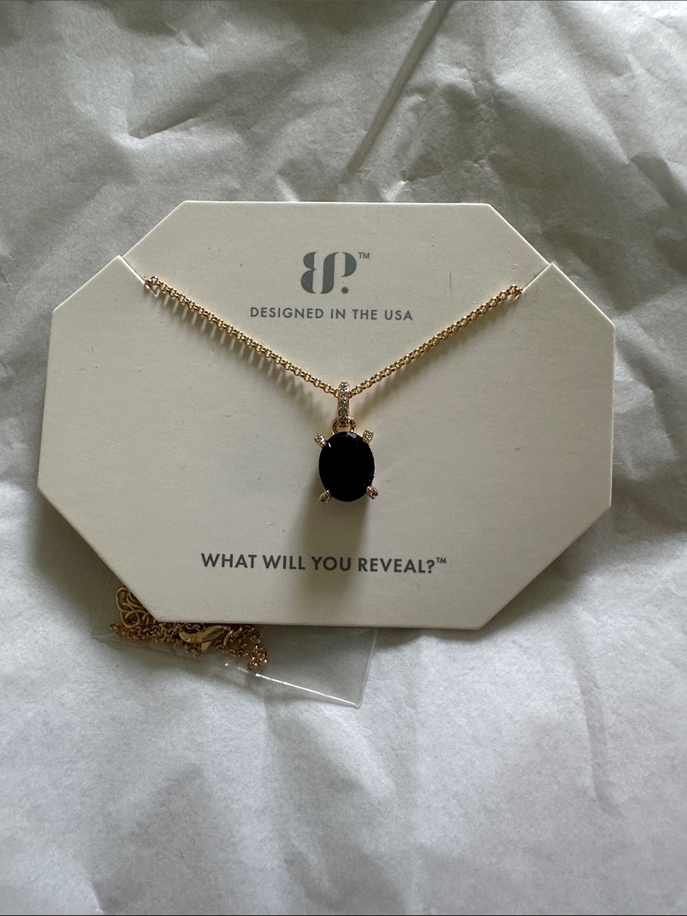 bp Gold Chain Necklace with Black Oval Pendant